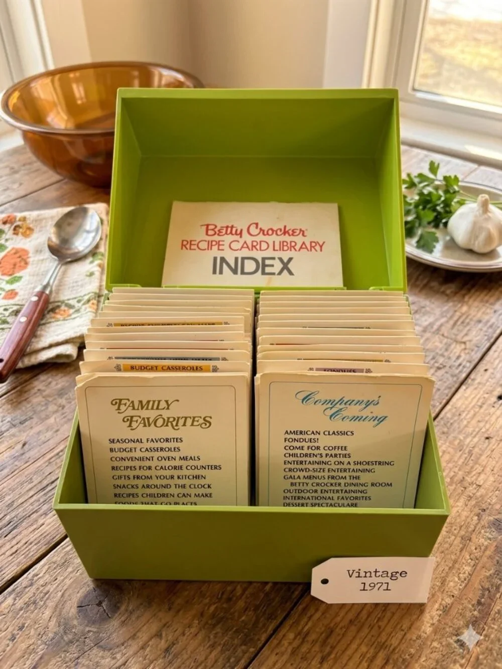 Vintage 1971 Betty Crocker Recipe Box & Card Library Set Green Retro Kitchen